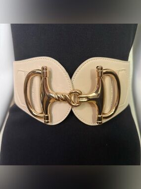 Beige PU leather gold tone buckle elastic waistband belt